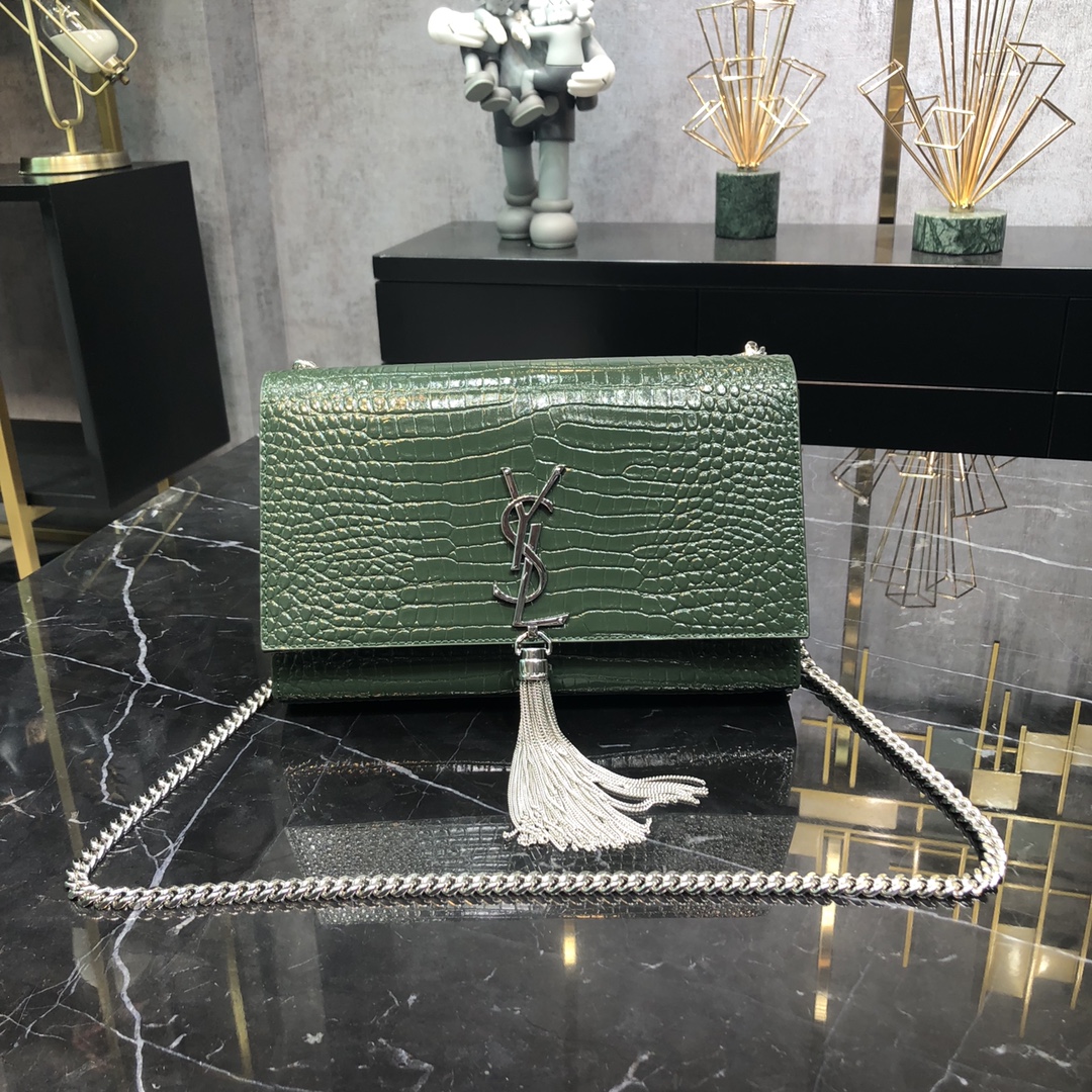 Saint Laurent Kate Tassel Medium Crocodile Embossed Calfskin Shoulder Bag Army Green 354119 Silver